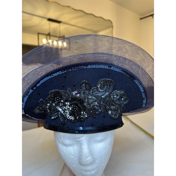 Vintage Mr. Hi’s 80\'s Navy Blue Flower Sequins Derby Hat Mesh Wool Made In USA main image 8